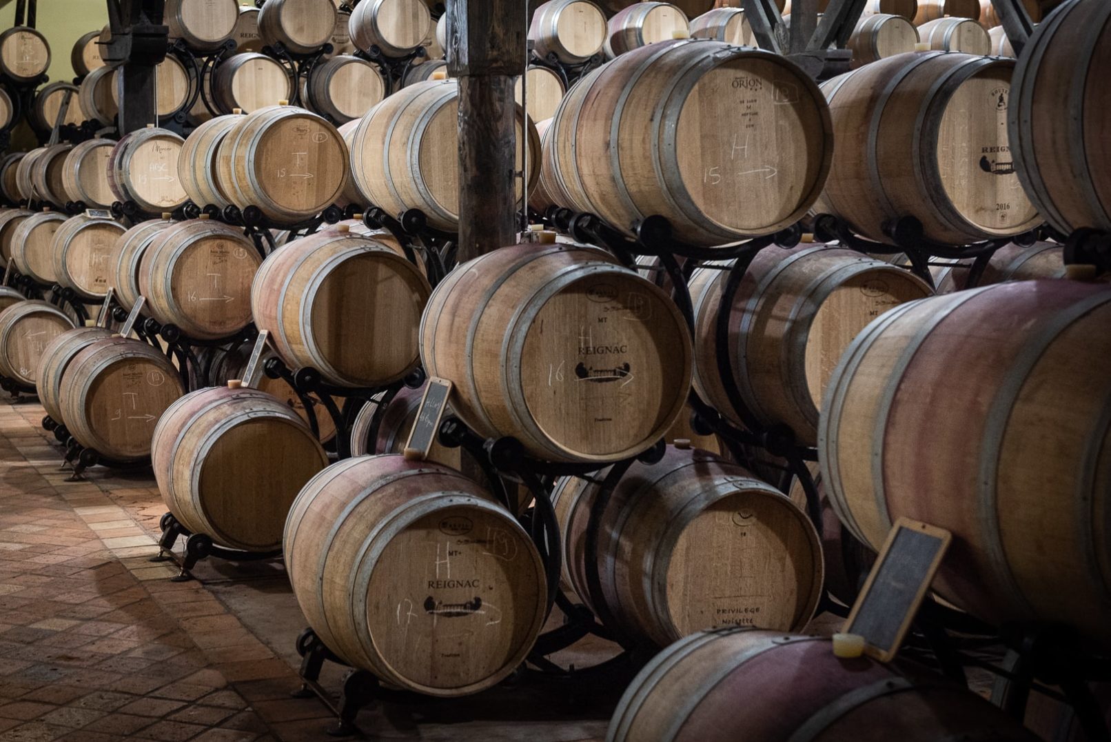 chais avec des tonneaux de vin