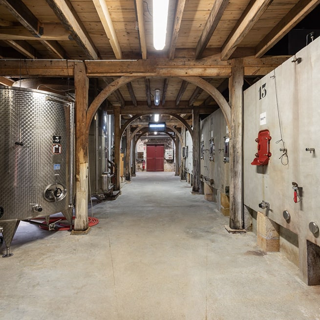 Un chai avec des cuves à vin en inox et en béton ainsi qu'une charpente en bois