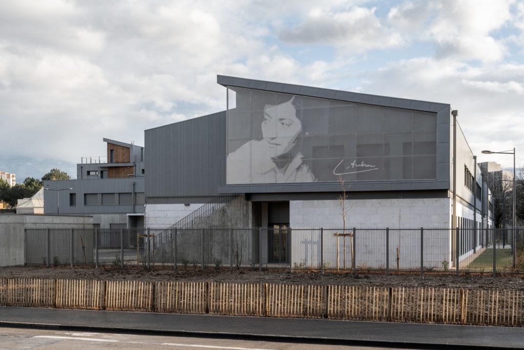 bâtiment avec façades zinc et pierre avec résille peinte