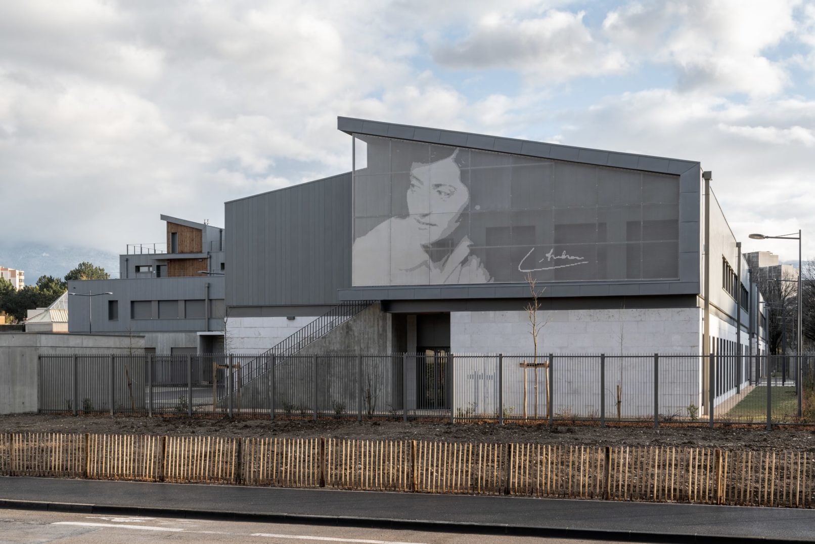 bâtiment avec façades zinc et pierre avec résille peinte