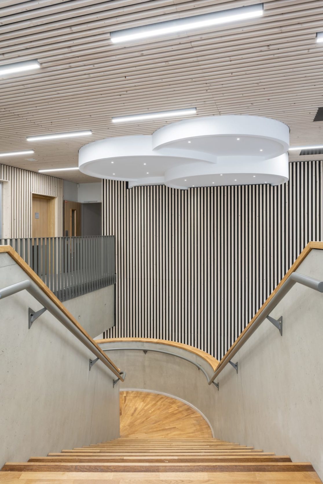 escalier béton et bois avec un plafond acoustique bois