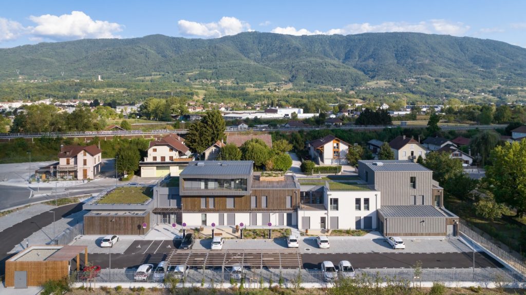vue drone bâtiment de bureau